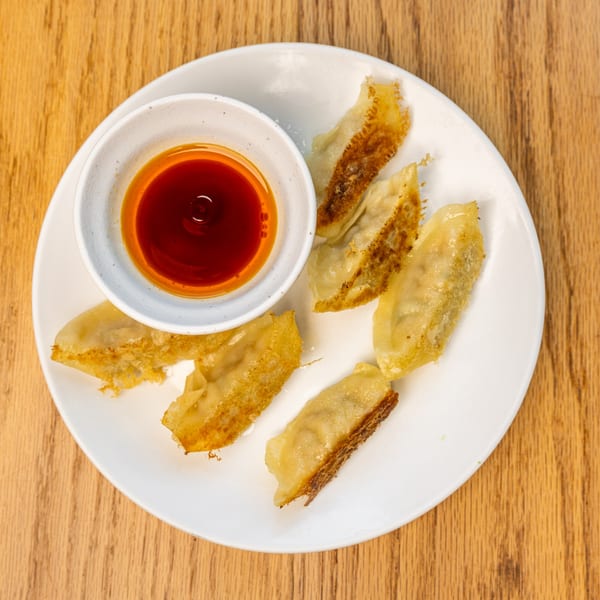 Pan-fried gyoza with crispy bottoms and a small bowl of dipping sauce on a white plate.